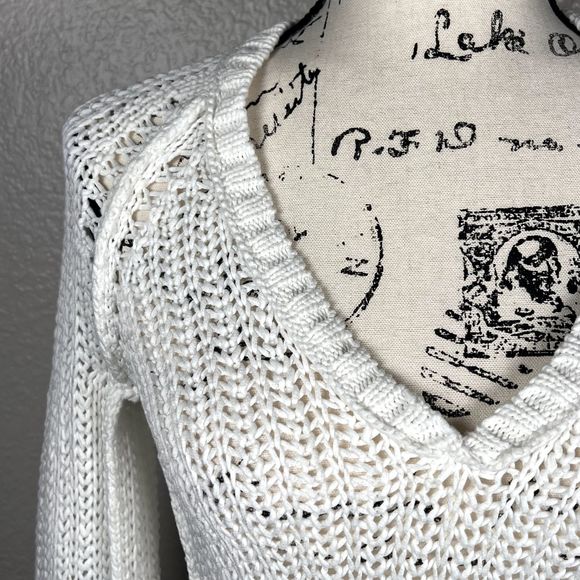 Ann Taylor Loft Sz S Long-Sleeve Open Knit Sweater White 100% Cotton V-Neck - Picture 3 of 10